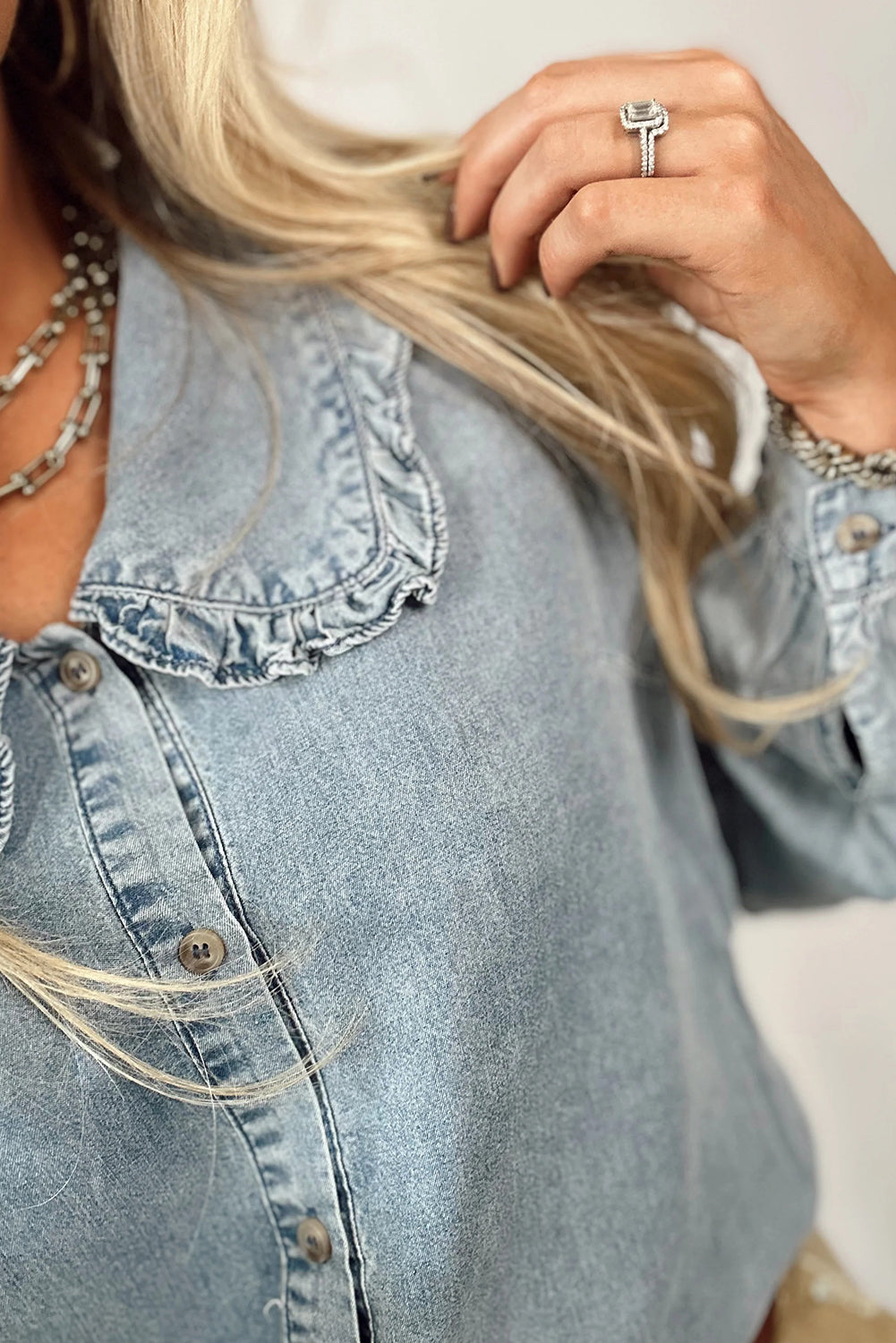 Beau Blue Ruffled Peter Pan Collar Western Denim Shirt