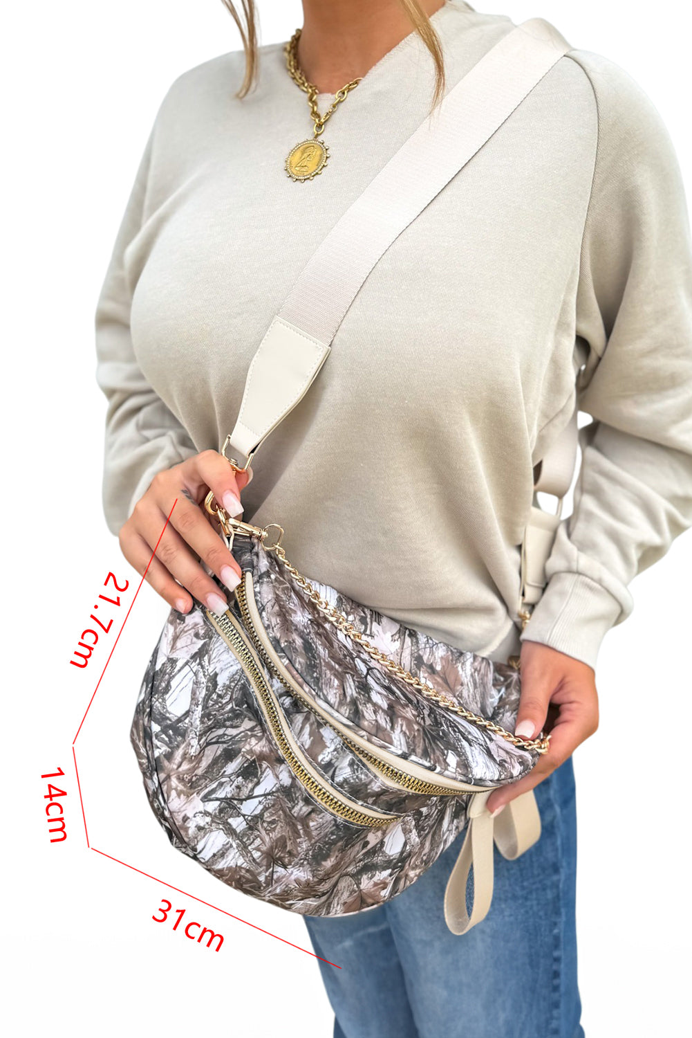 Medium Grey Abstract Camo Print Gold Chain Crossbody Bag