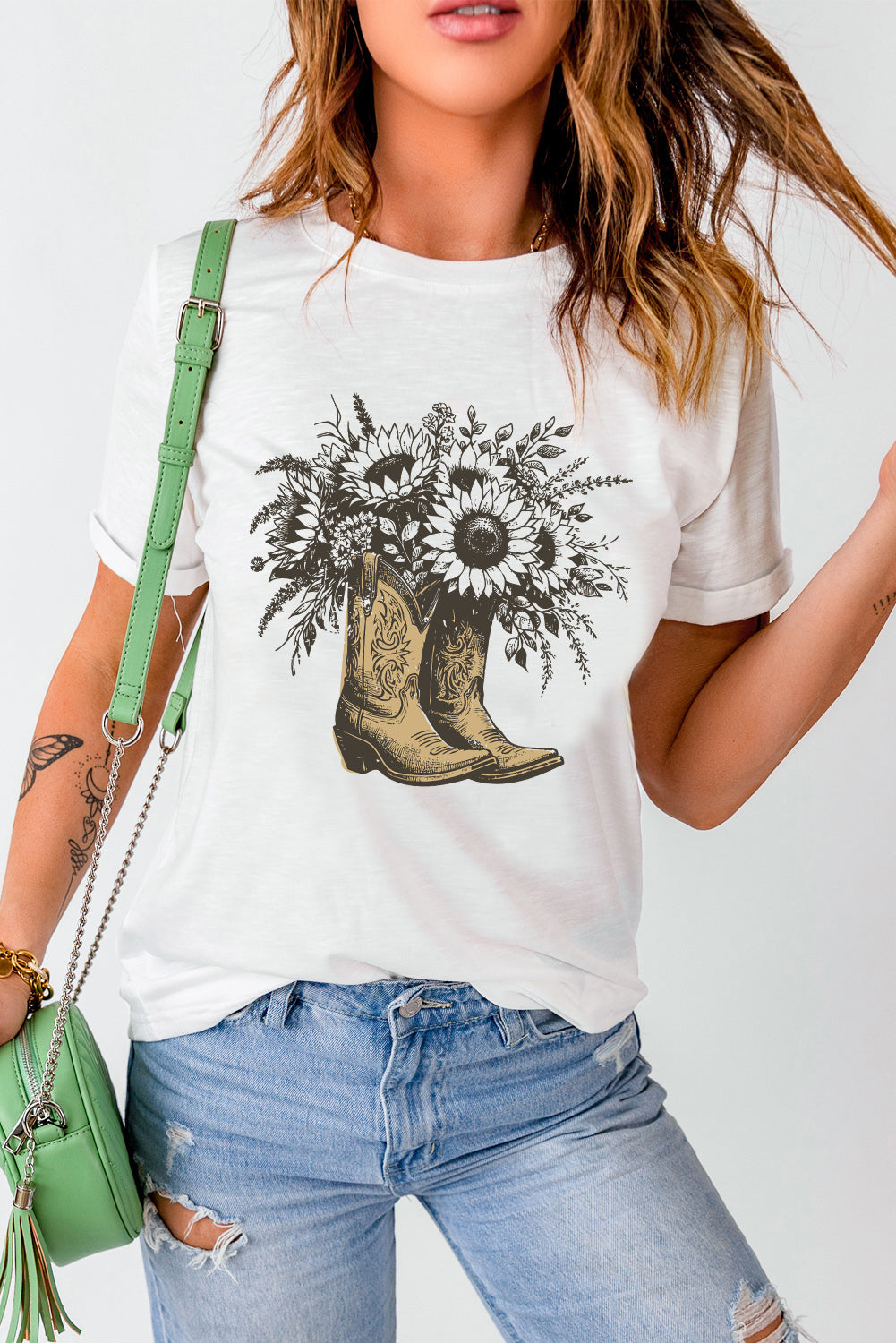 White Sunflower Boots Heat Transfer Printing Cotton Blend Graphic Tee