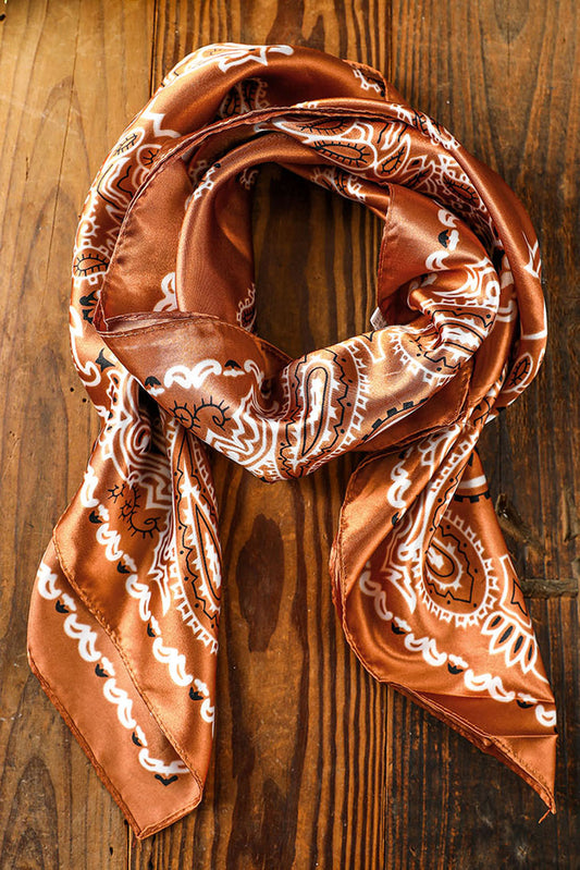 Gold Flame Vintage Satin Paisley Floral Print Scarf