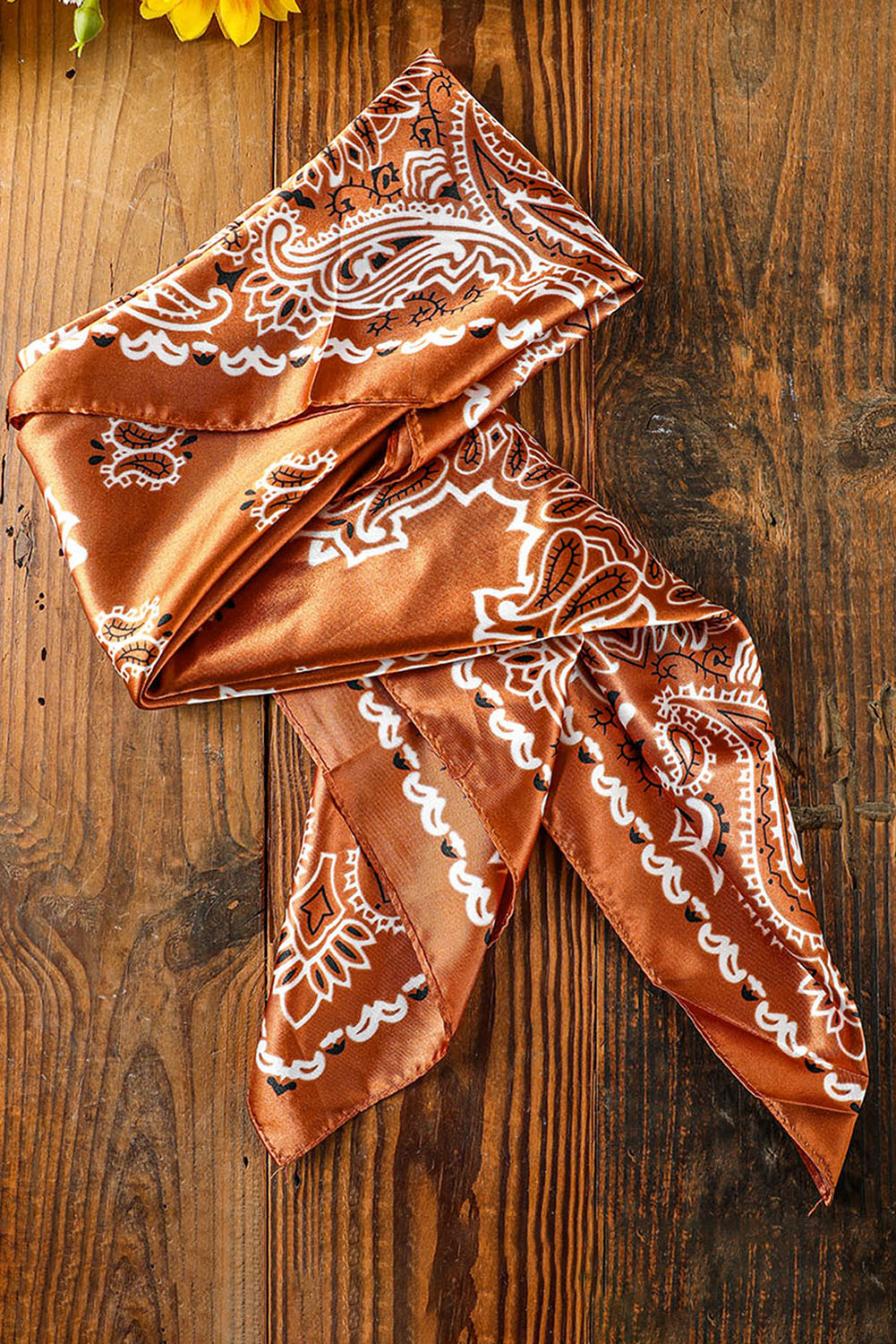 Gold Flame Vintage Satin Paisley Floral Print Scarf