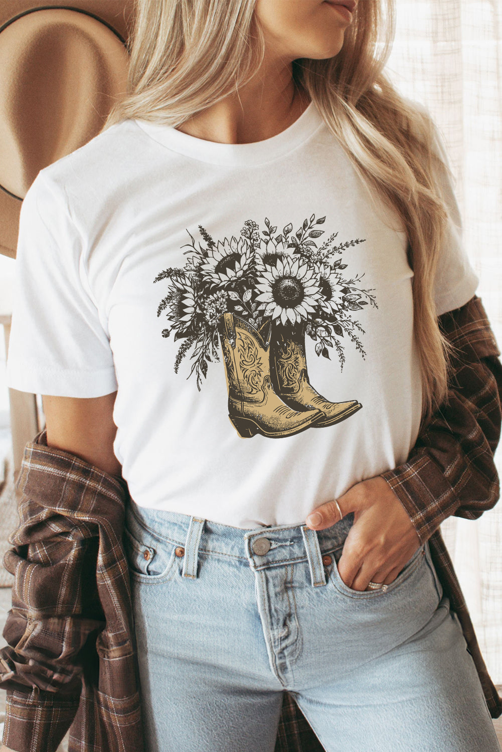 White Sunflower Boots Heat Transfer Printing Cotton Blend Graphic Tee