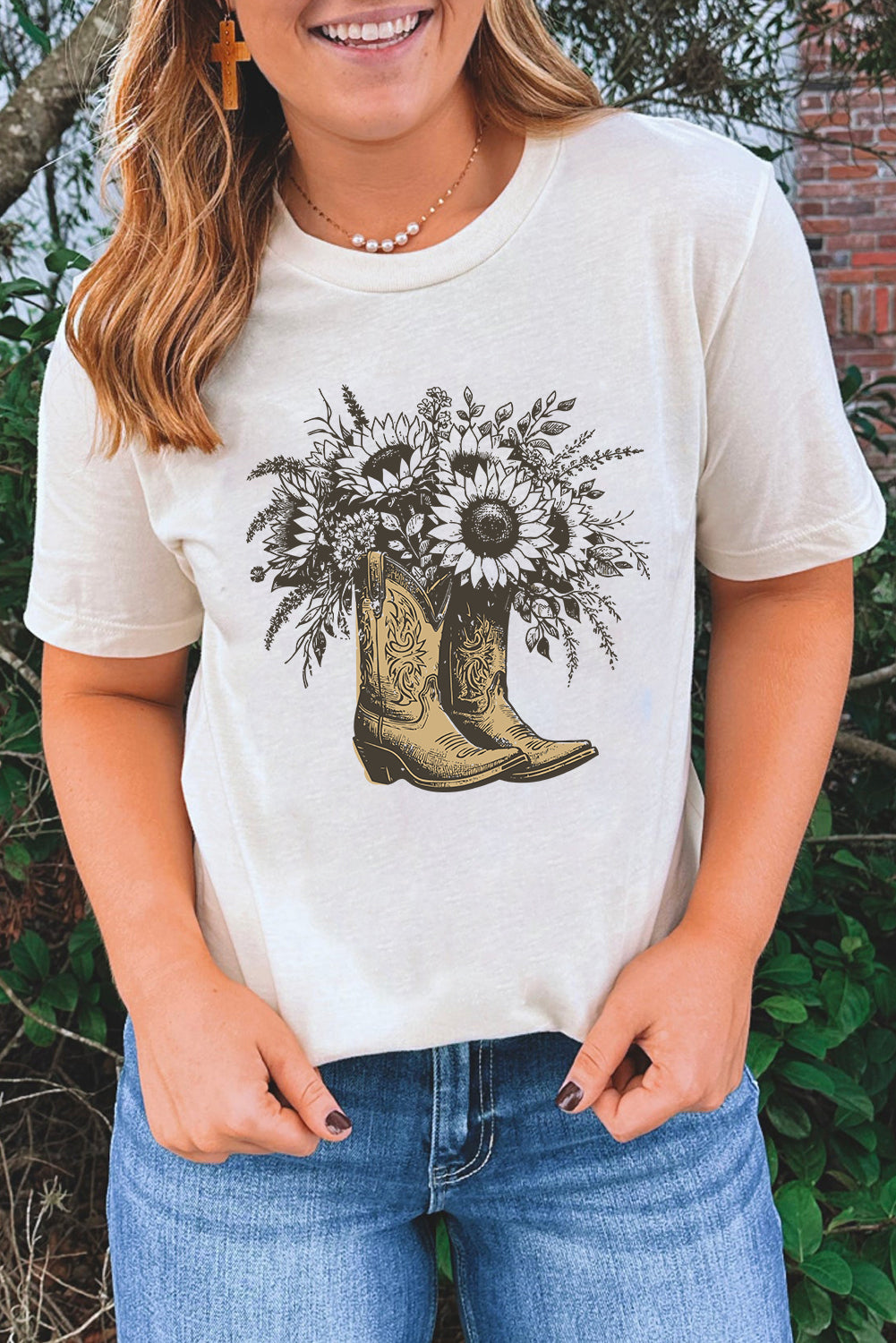 White Sunflower Boots Heat Transfer Printing Cotton Blend Graphic Tee