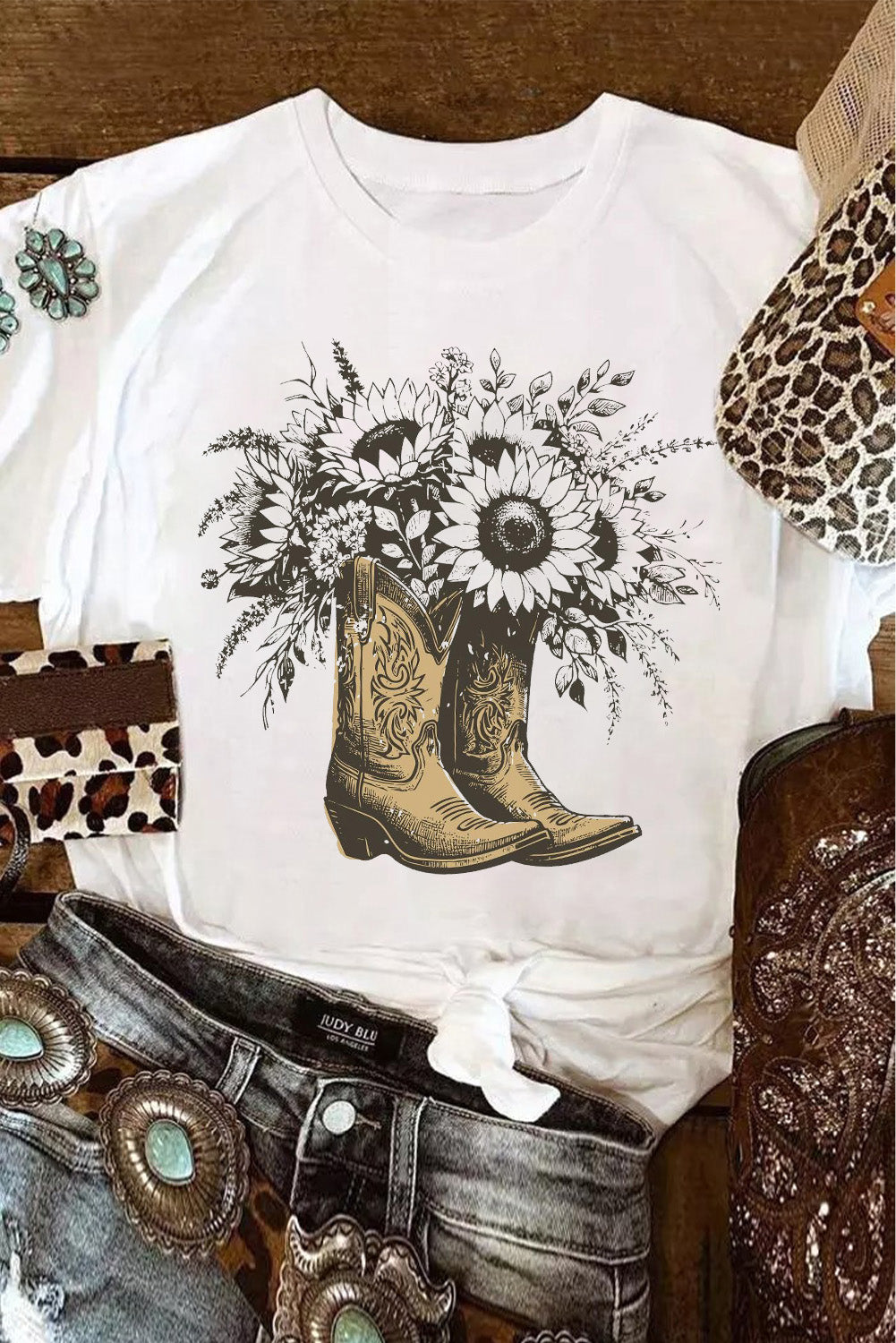 White Sunflower Boots Heat Transfer Printing Cotton Blend Graphic Tee
