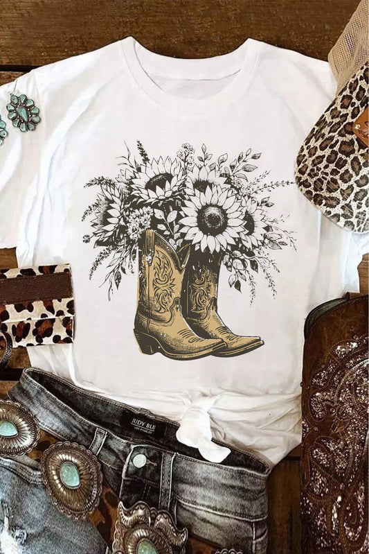 White Sunflower Boots Heat Transfer Printing Cotton Blend Graphic Tee