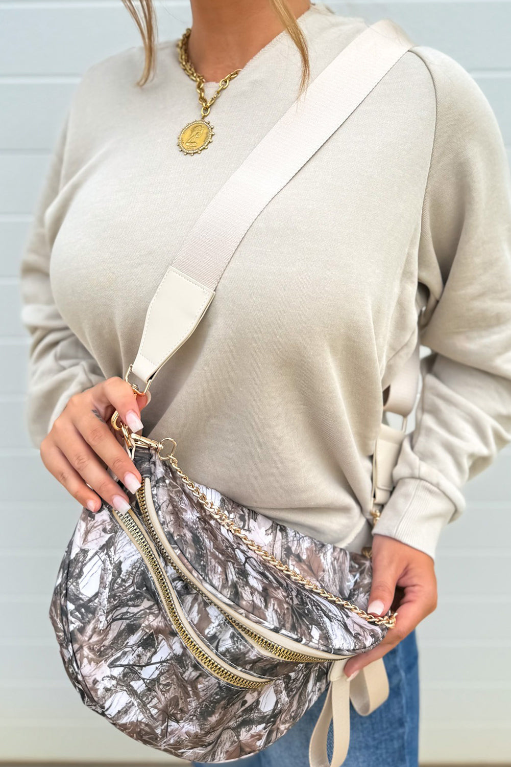 Medium Grey Abstract Camo Print Gold Chain Crossbody Bag