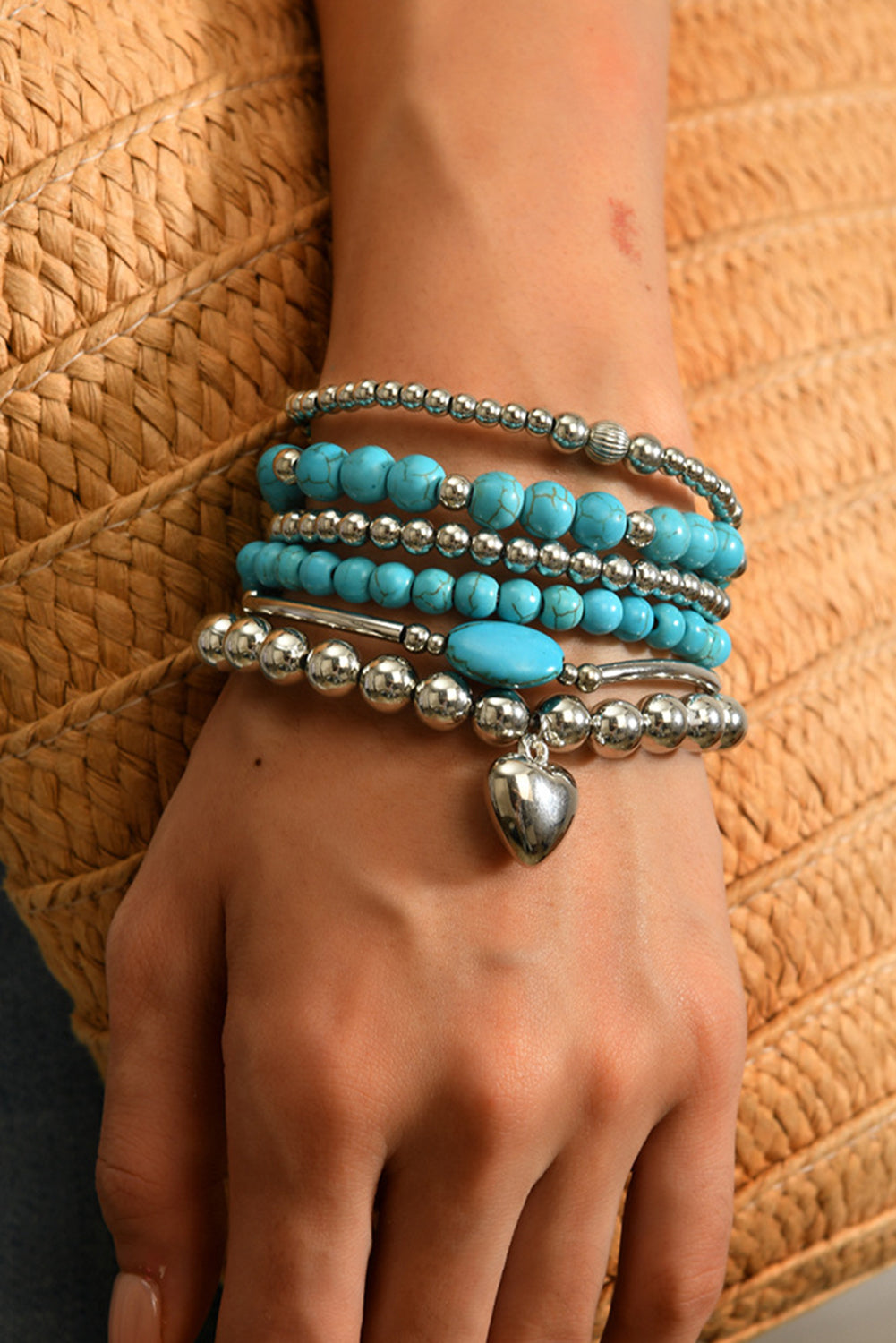 Silvery Heart Pendant Turquoise Beaded Bracelet Set