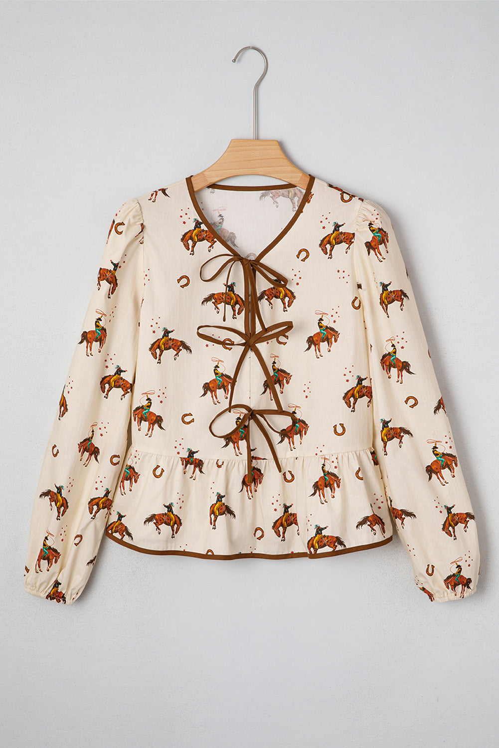 Apricot Rodeo Print Tied Front Puff Sleeve Peplum Top