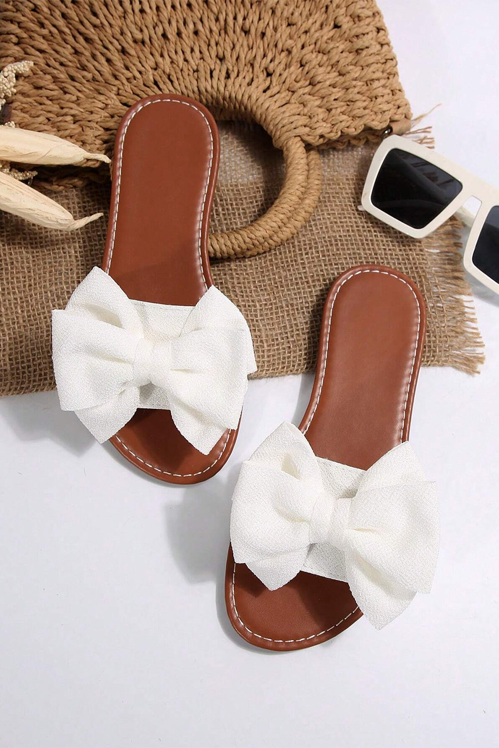 White Bow Decor Flat Slippers