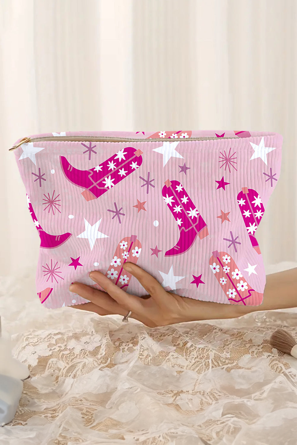 Pink Western Cowboy Boots Print Corduroy Makeup Bag