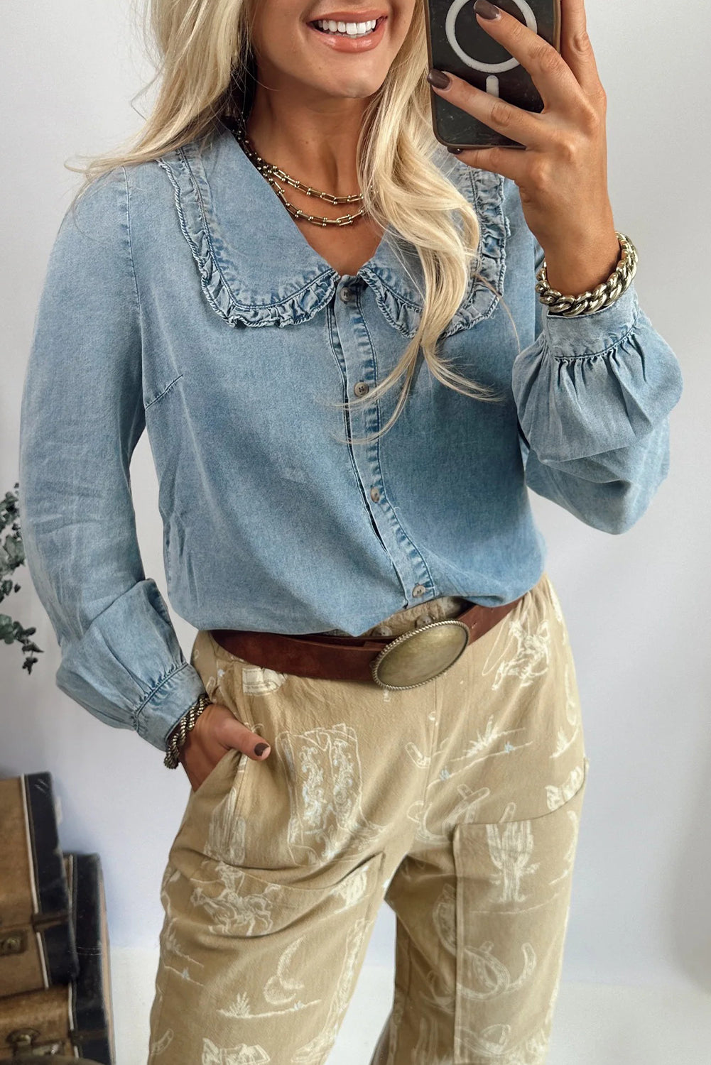 Beau Blue Ruffled Peter Pan Collar Western Denim Shirt