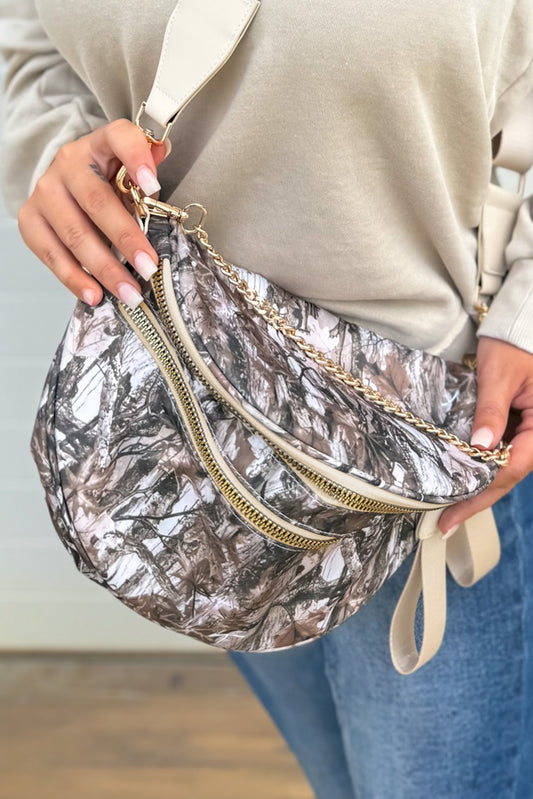 Medium Grey Abstract Camo Print Gold Chain Crossbody Bag