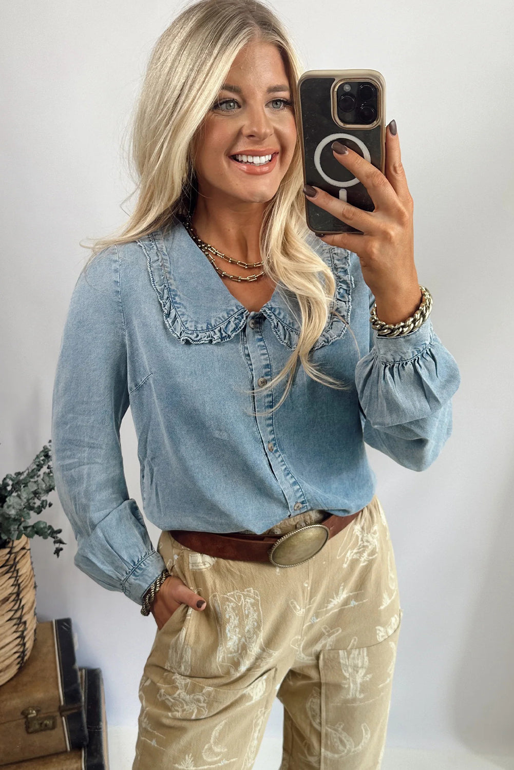 Beau Blue Ruffled Peter Pan Collar Western Denim Shirt