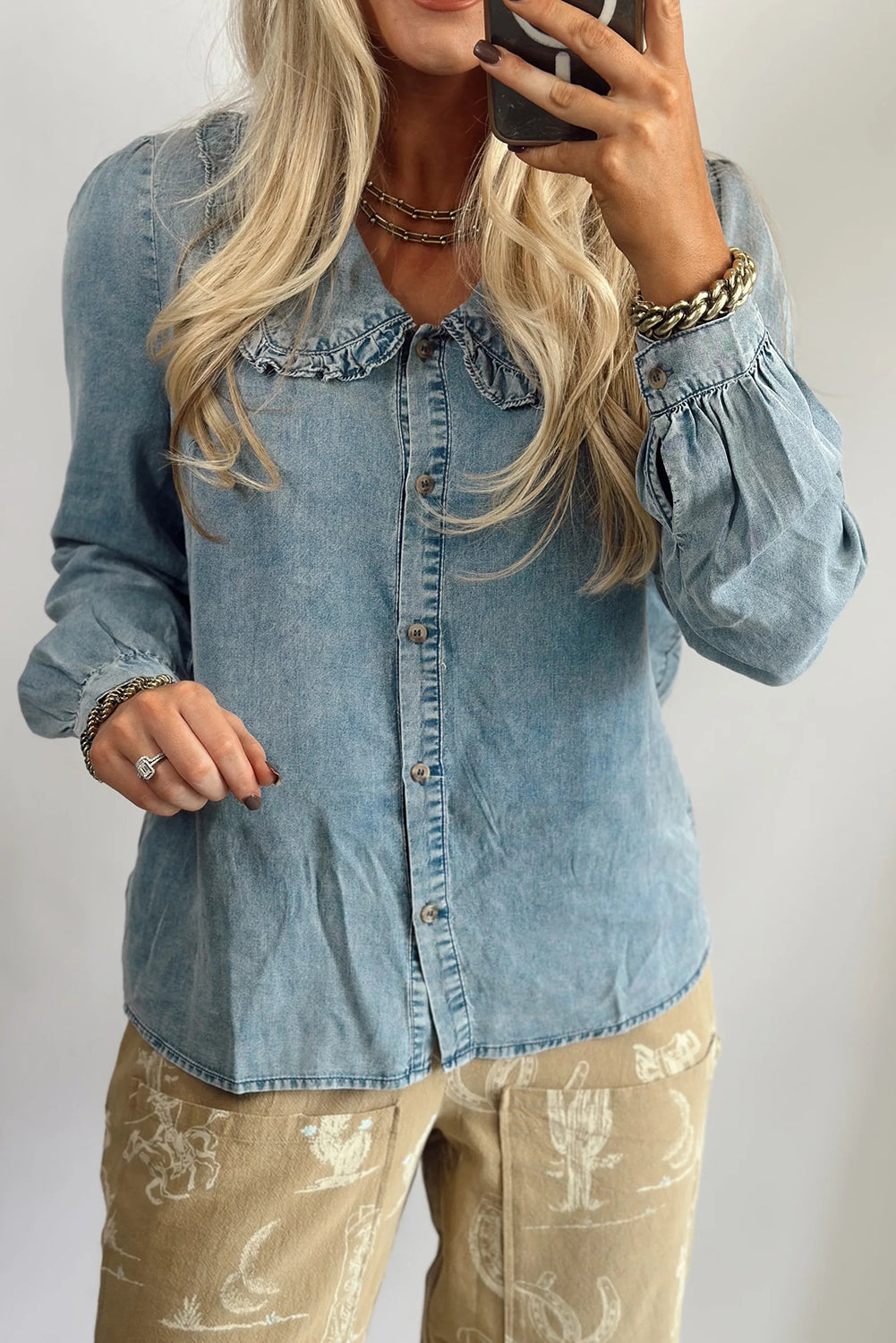 Beau Blue Ruffled Peter Pan Collar Western Denim Shirt