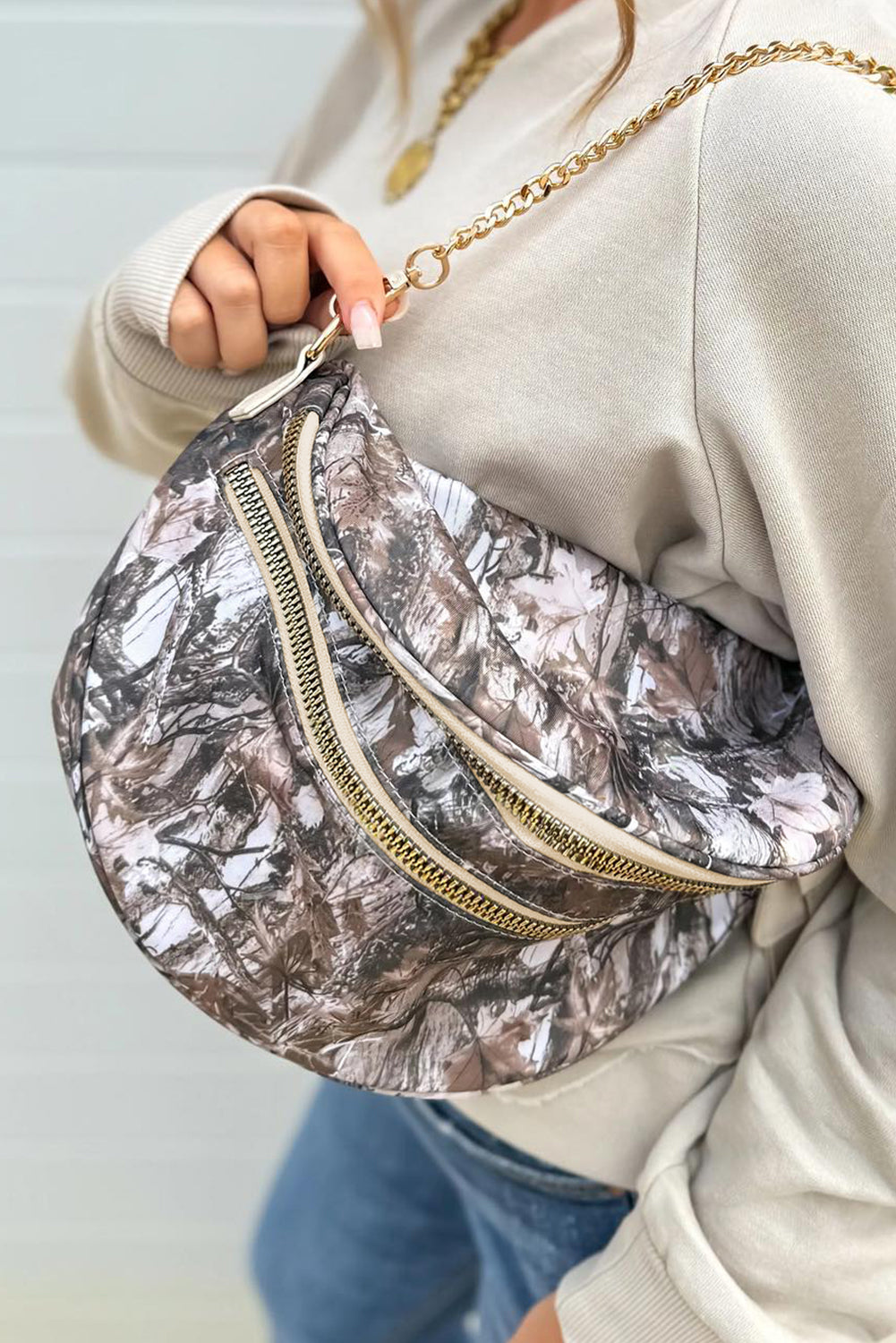 Medium Grey Abstract Camo Print Gold Chain Crossbody Bag
