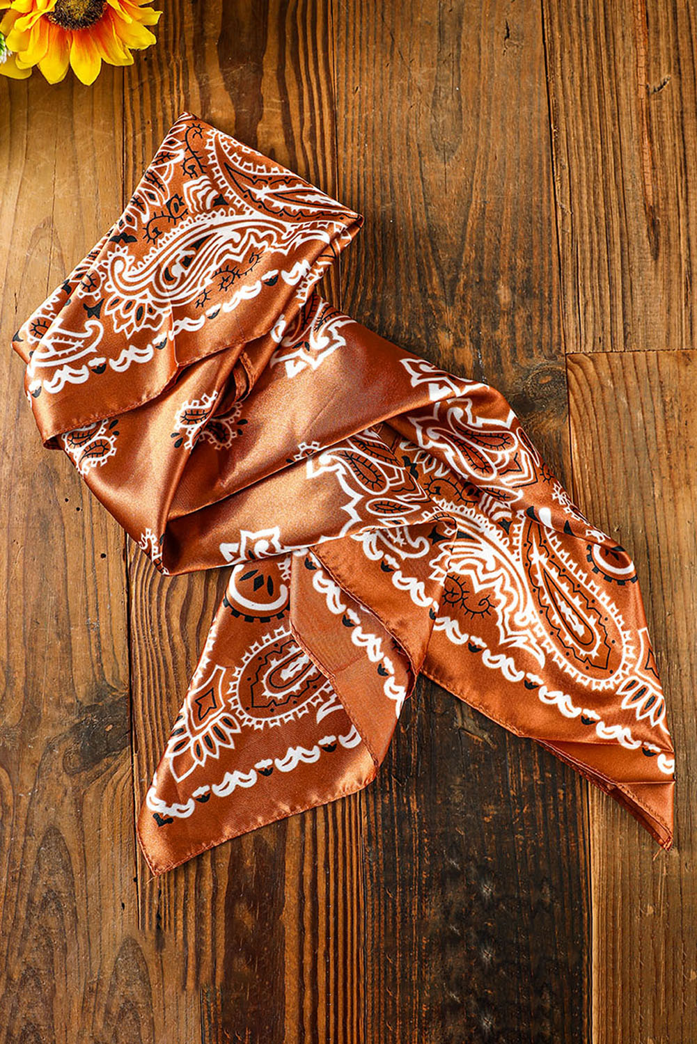 Gold Flame Vintage Satin Paisley Floral Print Scarf