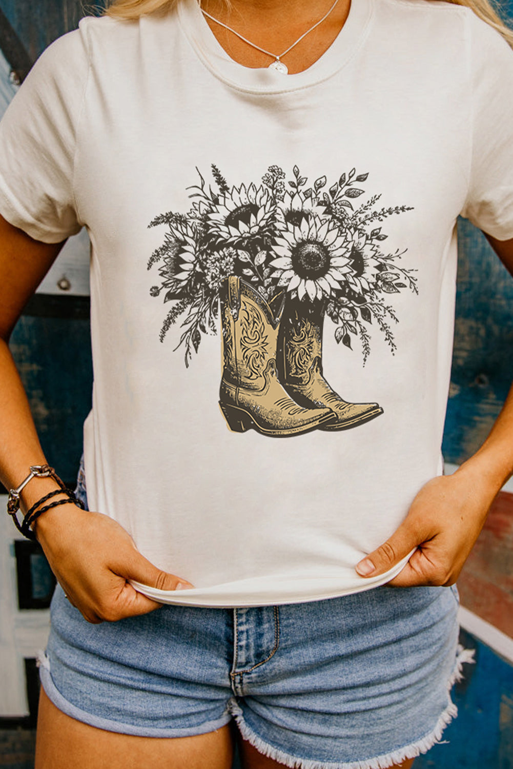 White Sunflower Boots Heat Transfer Printing Cotton Blend Graphic Tee