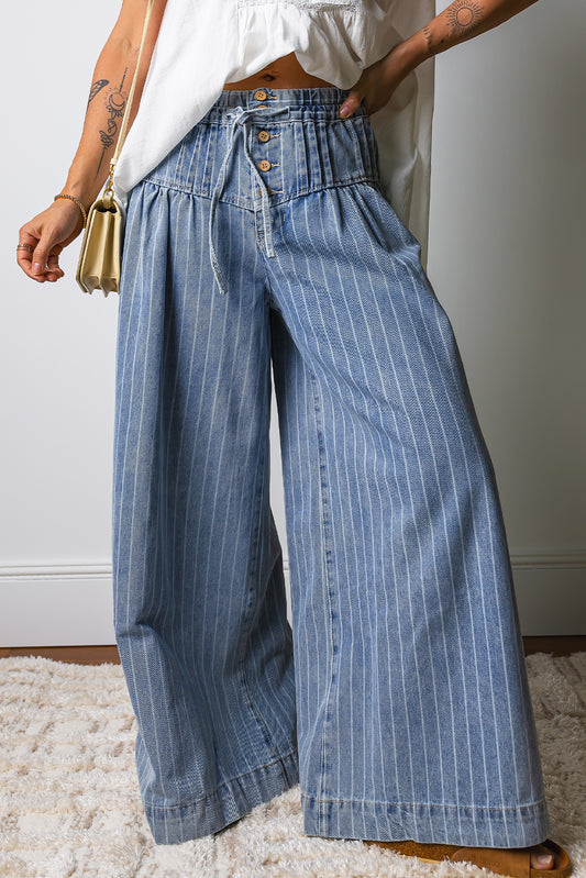 Sky Blue Stripe Button Pleated Drawstring Waist Casual Wide Leg Jeans