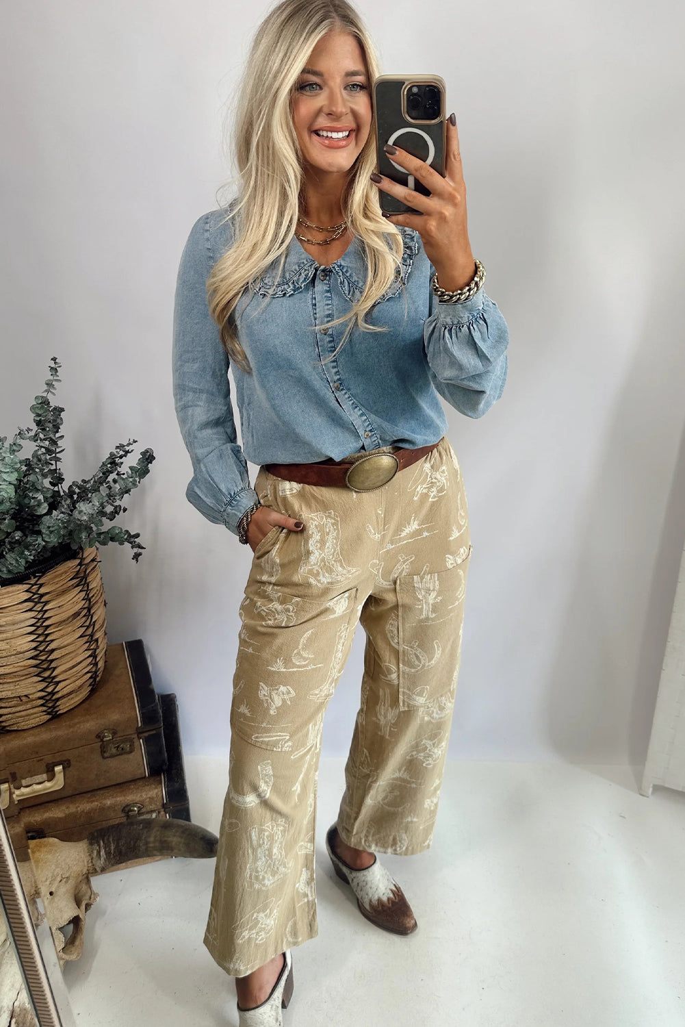 Beau Blue Ruffled Peter Pan Collar Western Denim Shirt