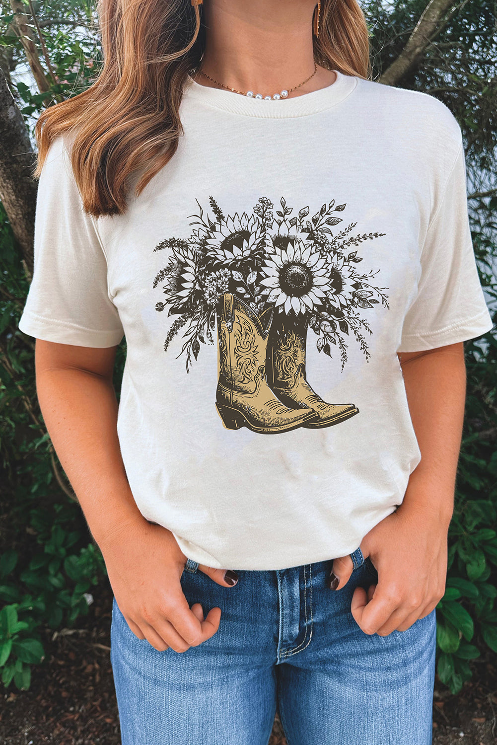 White Sunflower Boots Heat Transfer Printing Cotton Blend Graphic Tee