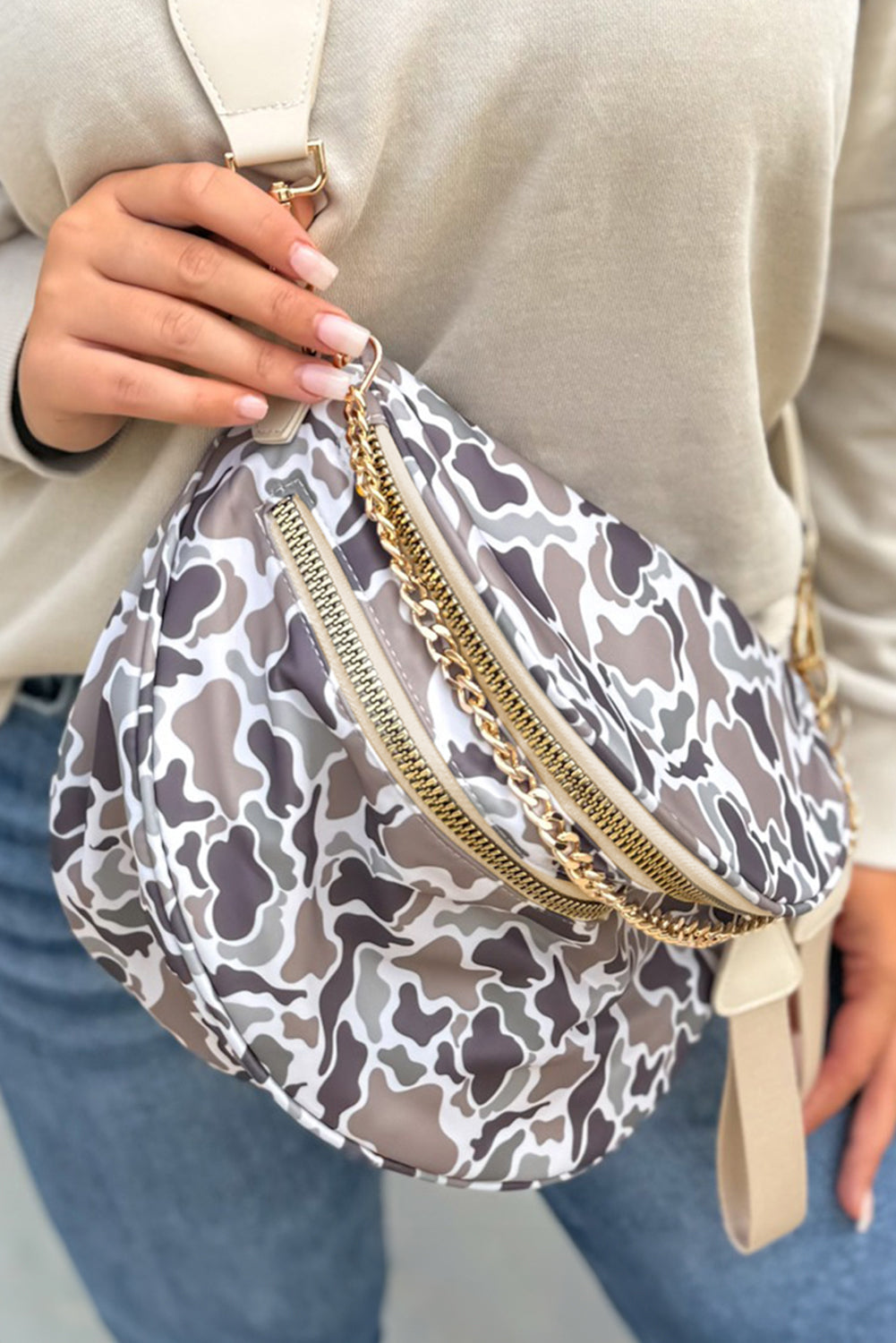 White Camouflage Print Double Zipper Crossbody Bag