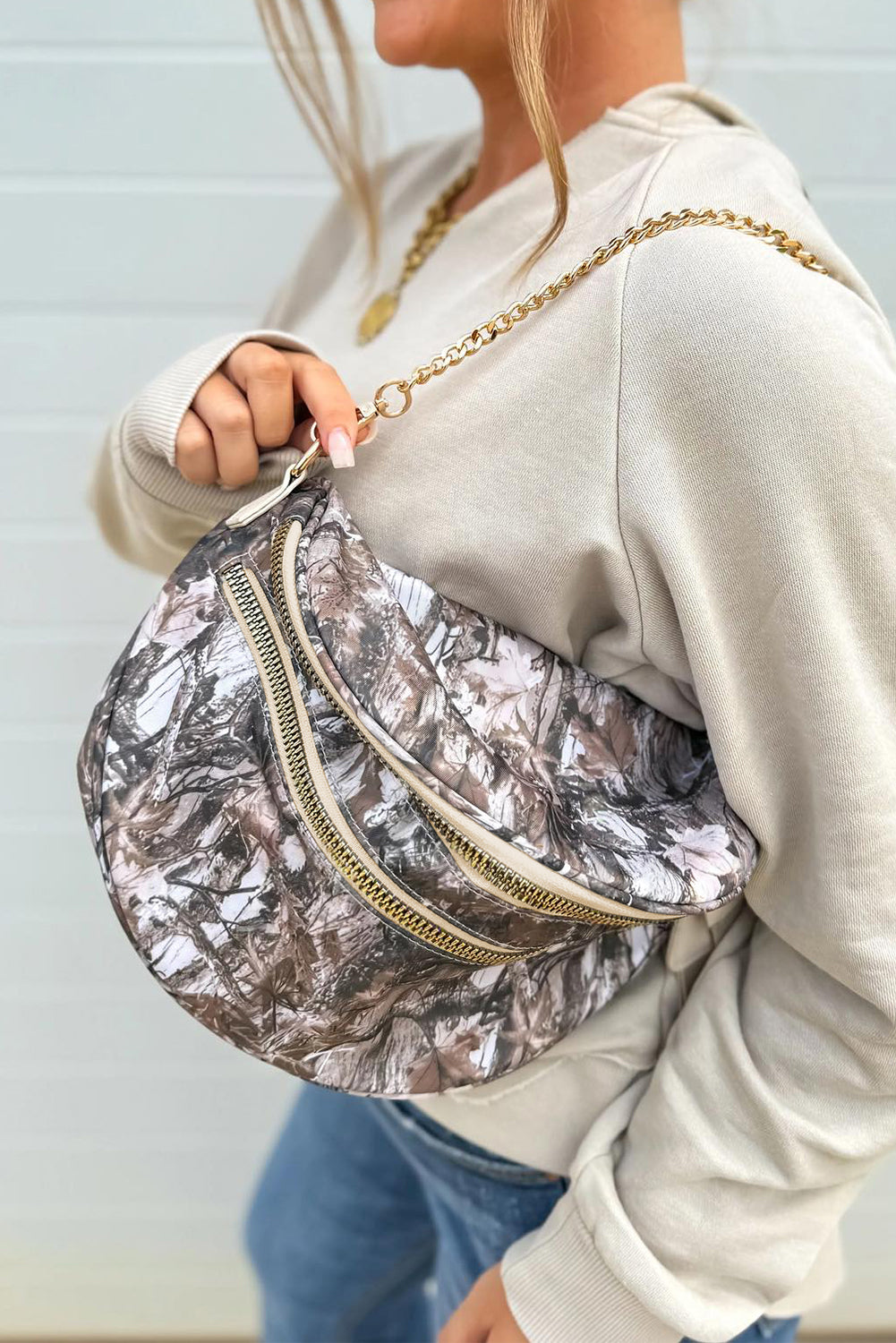 Medium Grey Abstract Camo Print Gold Chain Crossbody Bag