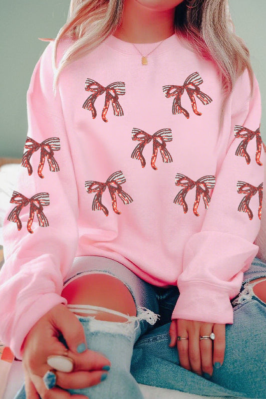 Pink Sequined Bow Pattern Drop Shoulder Loose Sweatshirt
