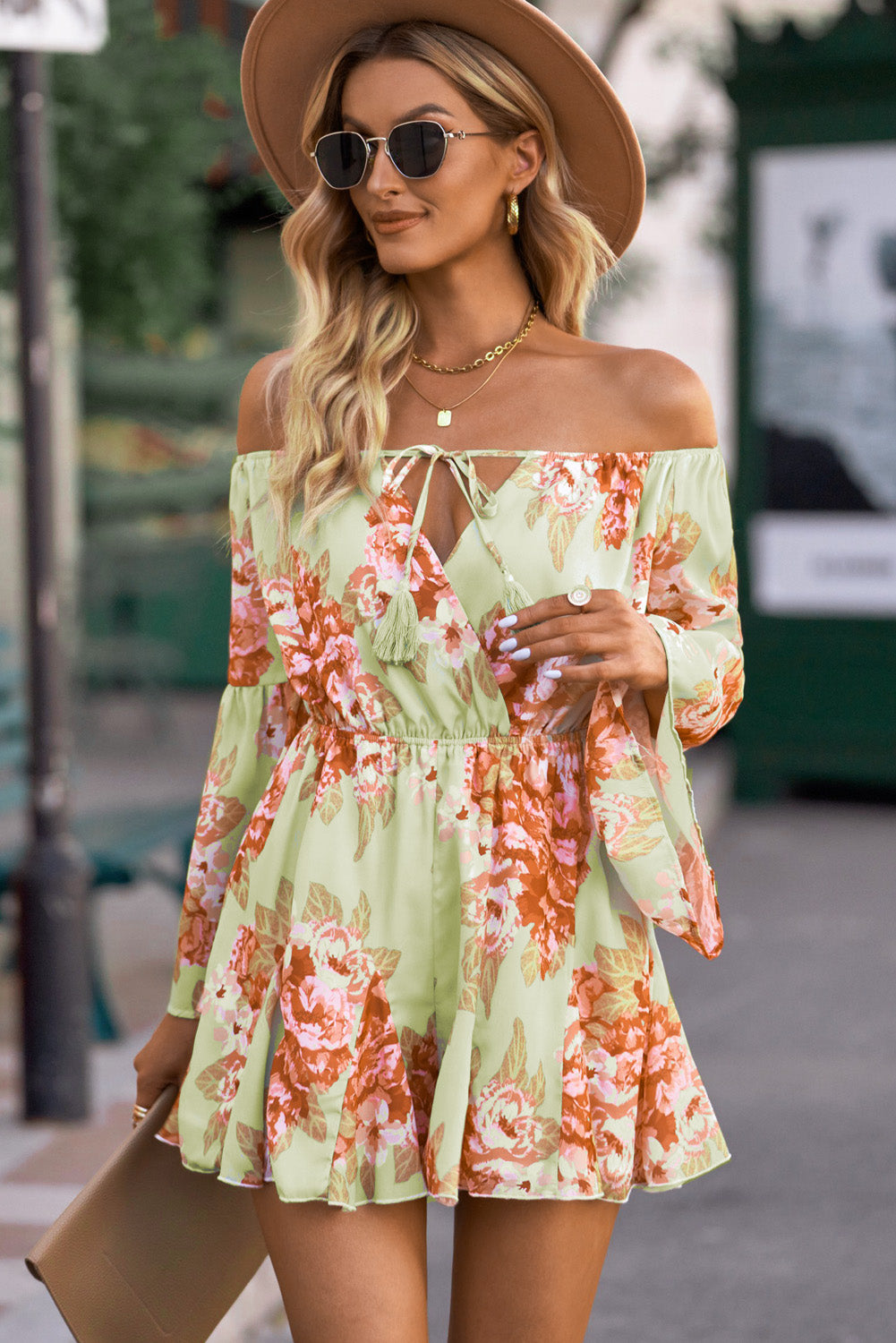 Floral Off-Shoulder Tassel Tie Romper