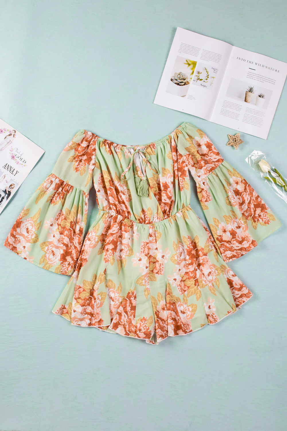 Floral Off-Shoulder Tassel Tie Romper