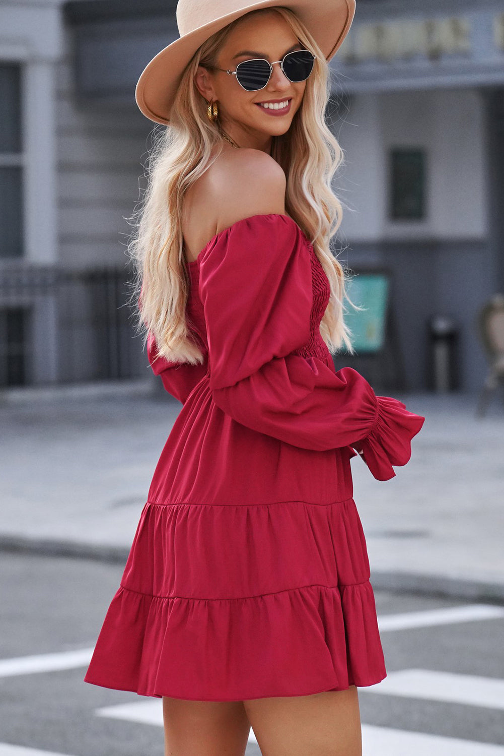 Smocked Off-Shoulder Tiered Mini Dress