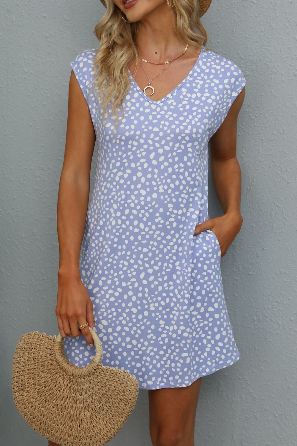 Printed V-Neck Cap Sleeve Dress with Pockets