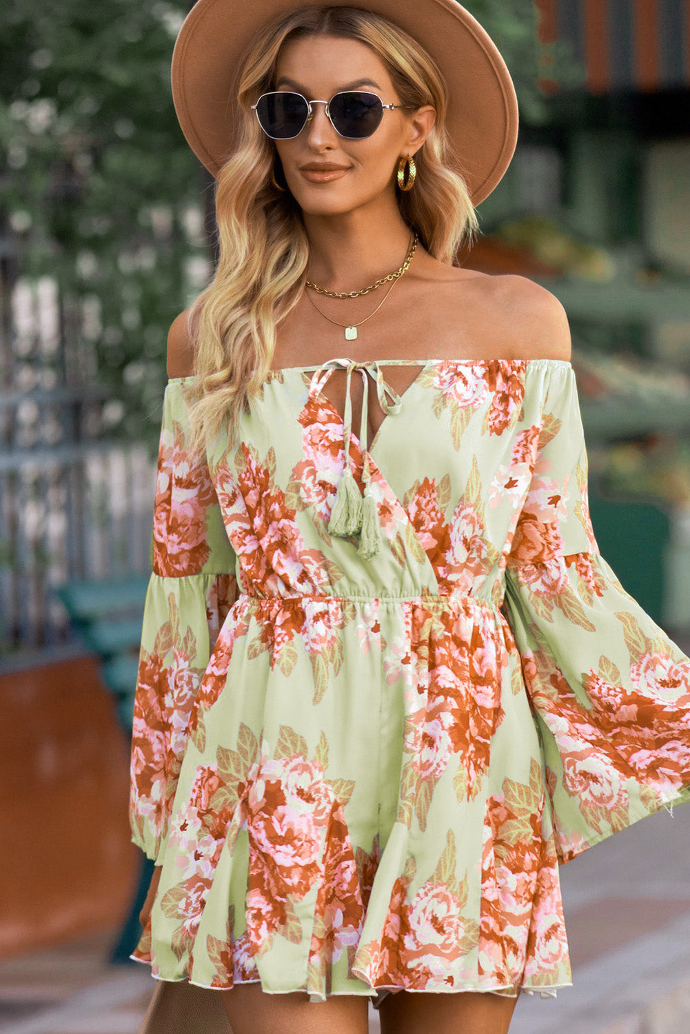 Floral Off-Shoulder Tassel Tie Romper