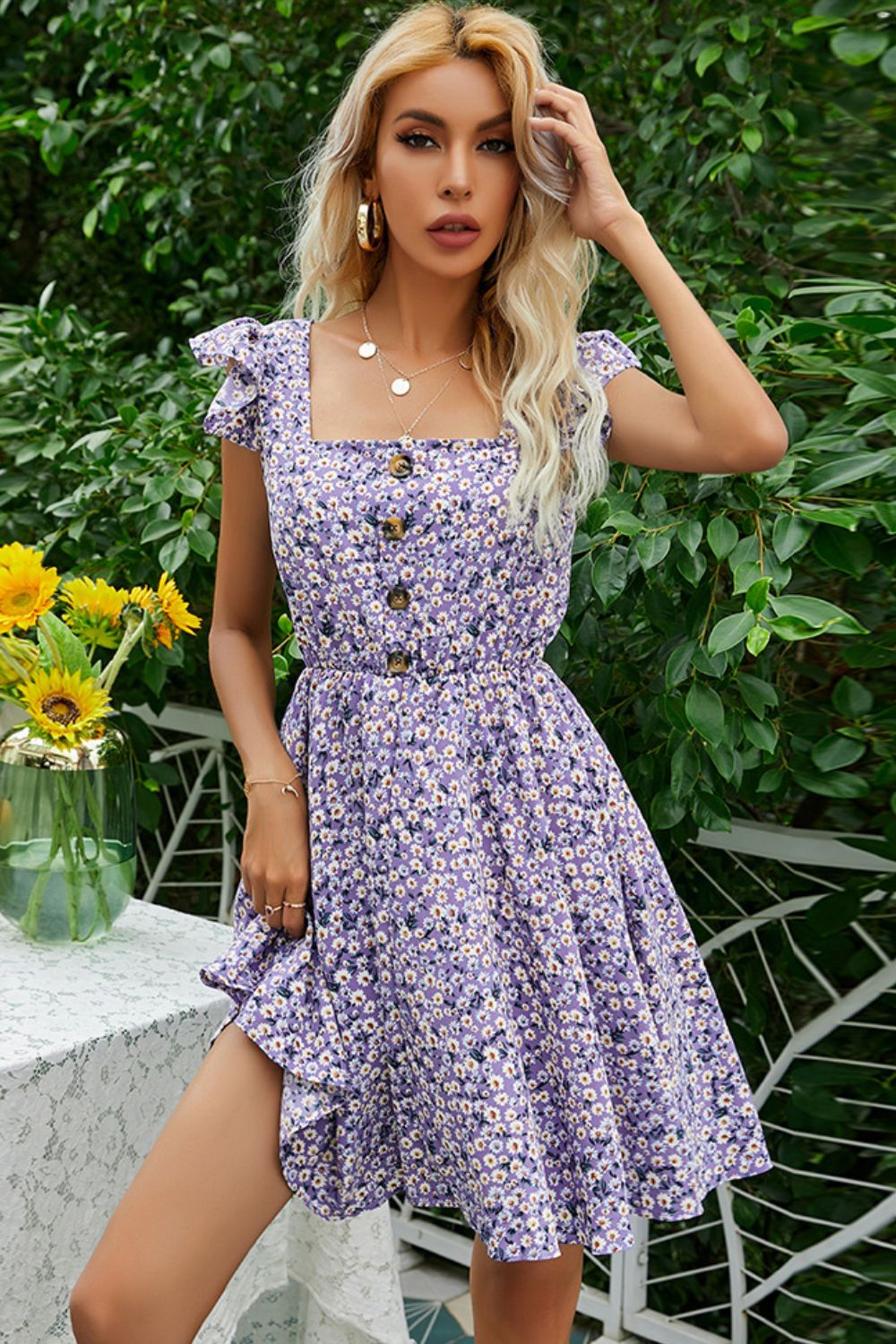 Floral Decorative Button Square Neck Dress