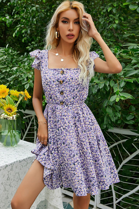 Floral Decorative Button Square Neck Dress