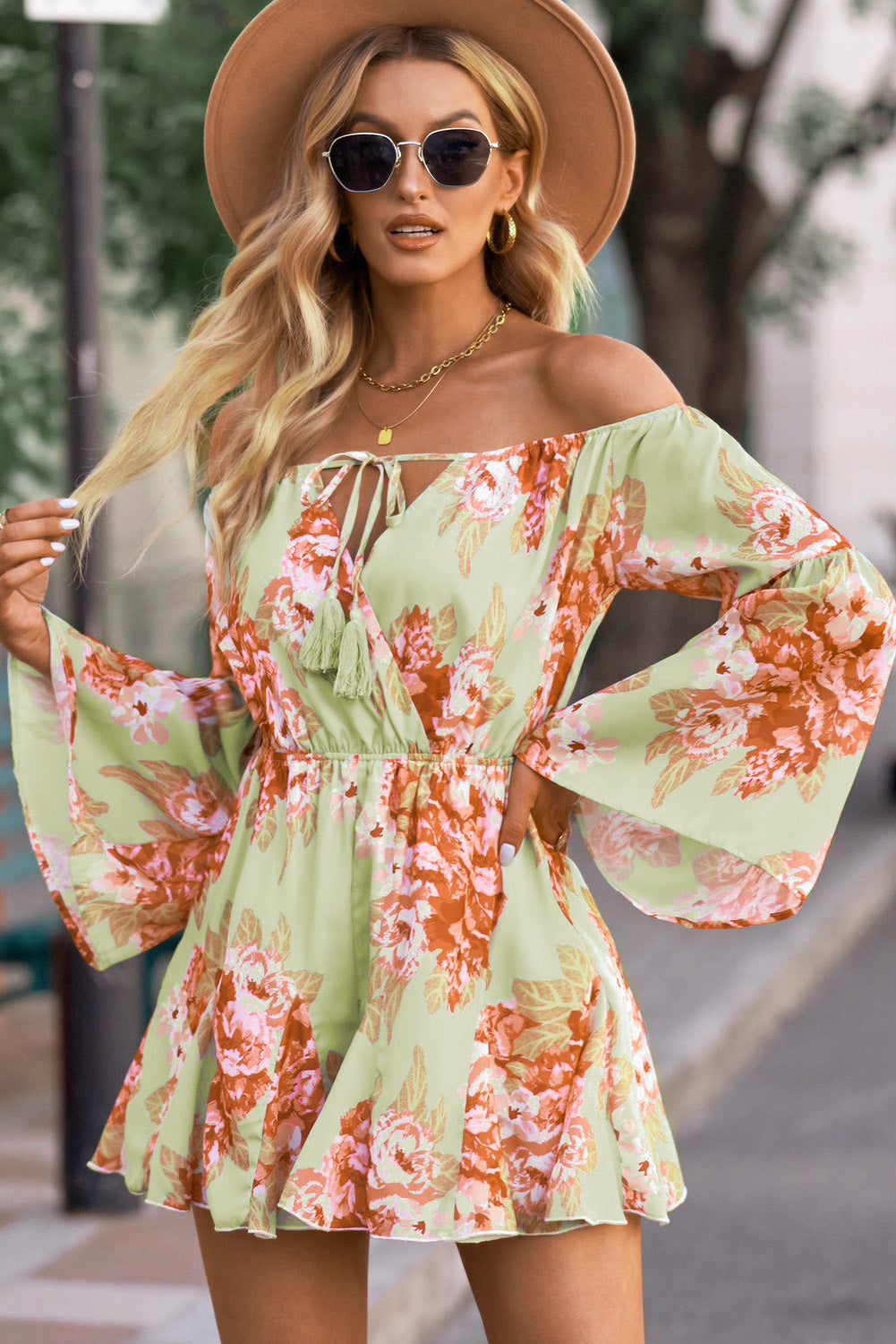 Floral Off-Shoulder Tassel Tie Romper