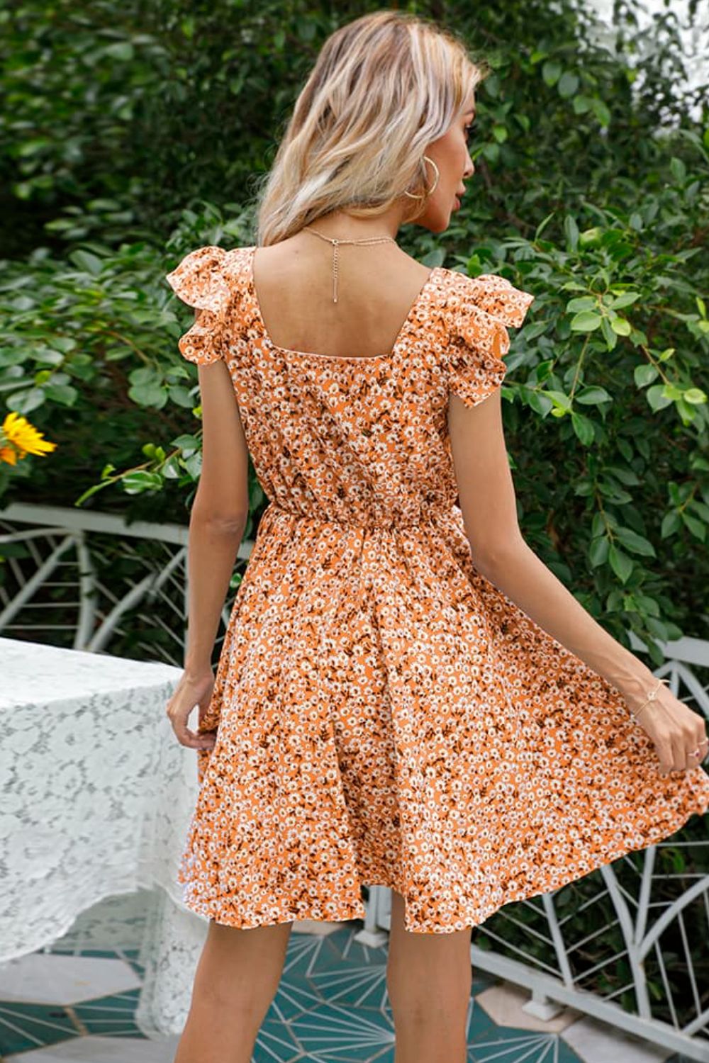 Floral Decorative Button Square Neck Dress