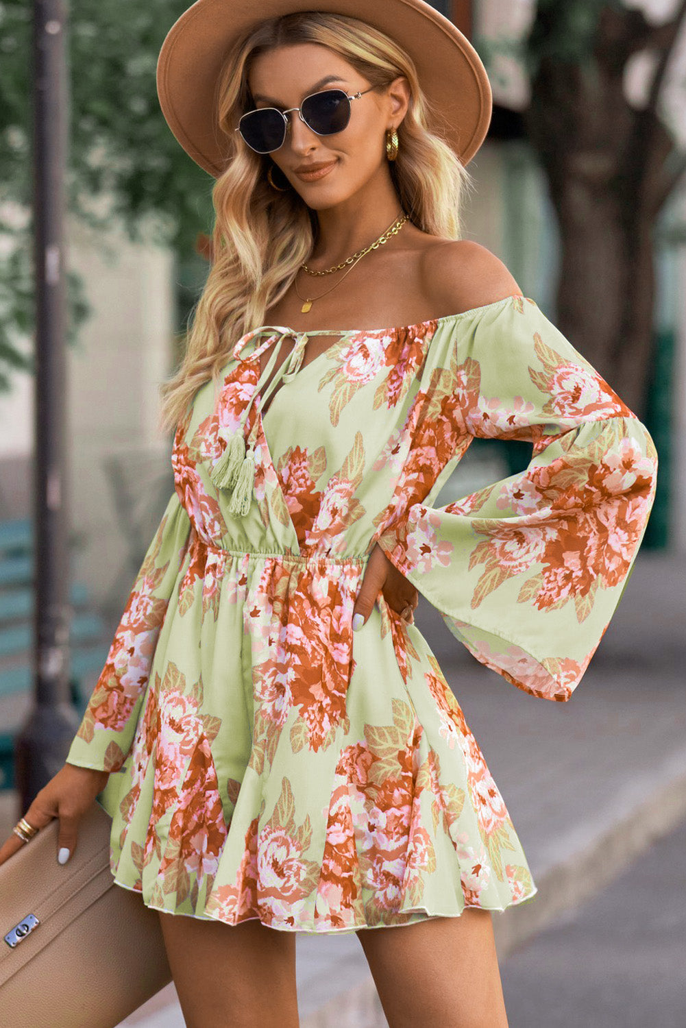 Floral Off-Shoulder Tassel Tie Romper
