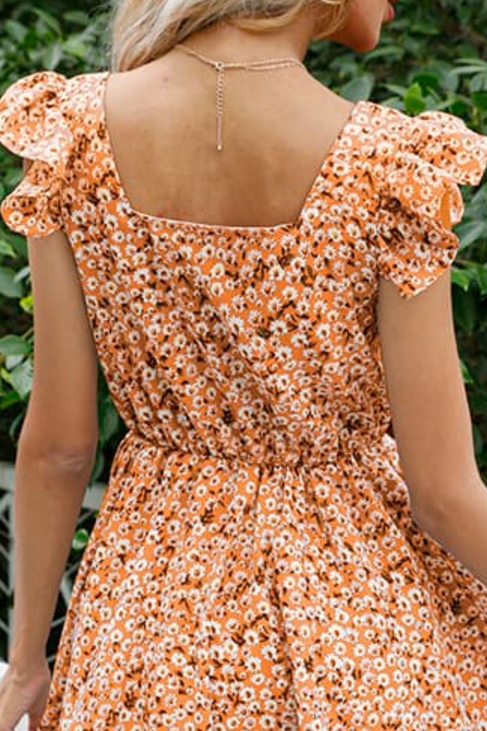 Floral Decorative Button Square Neck Dress