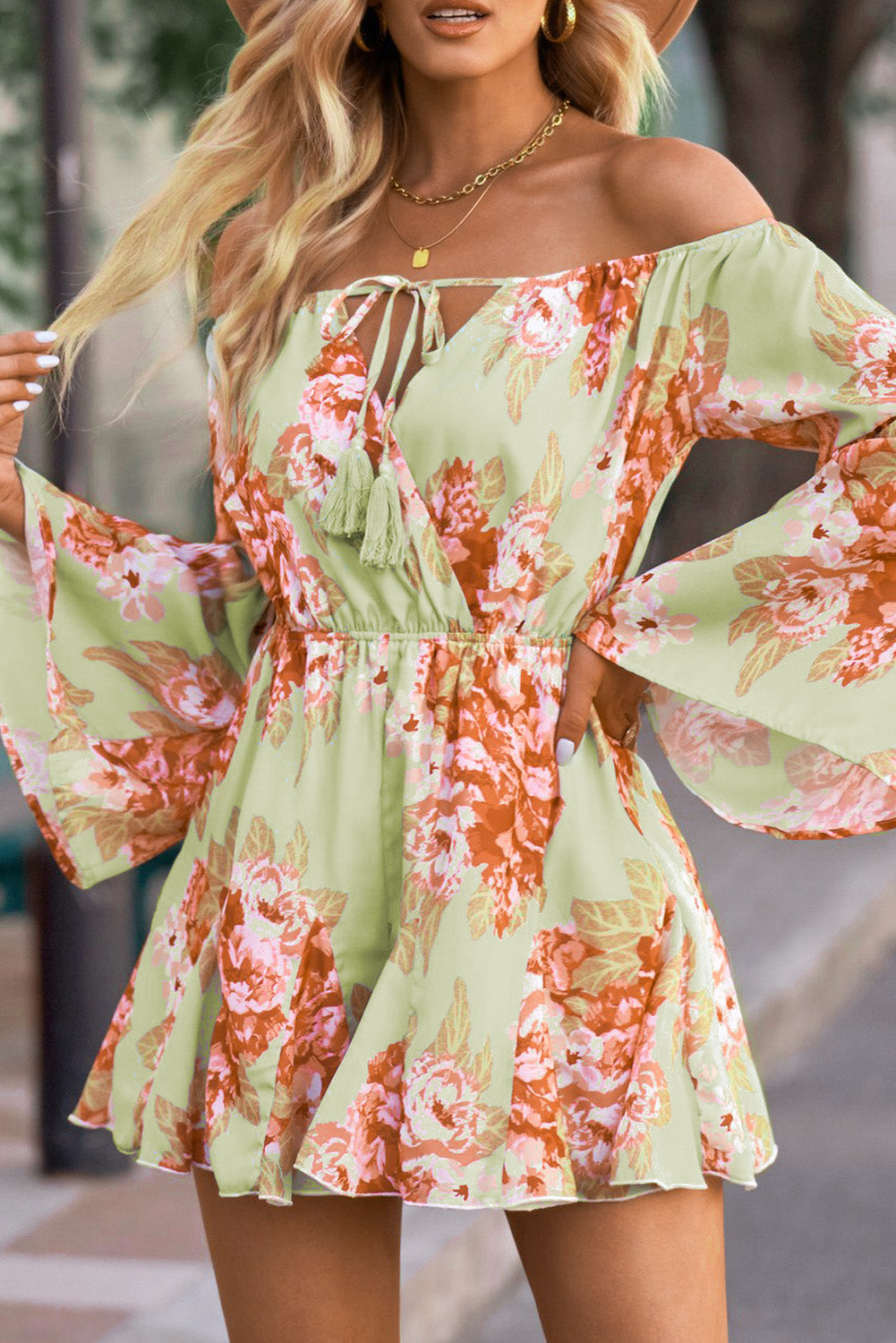 Floral Off-Shoulder Tassel Tie Romper